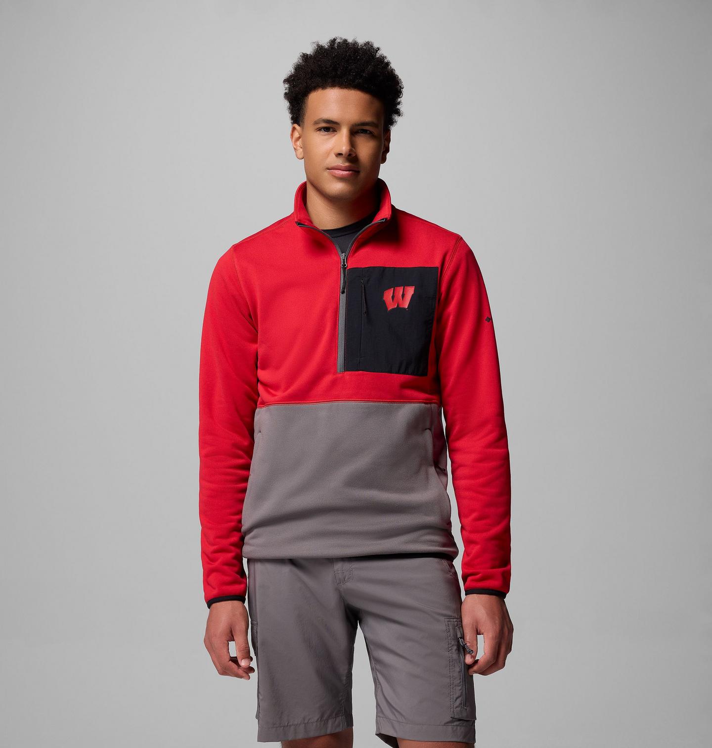 Мужские куртки Collegiate Columbia Hike Half Zip Jacket - Wisconsin, цвет: Красный / Серый — фото 1