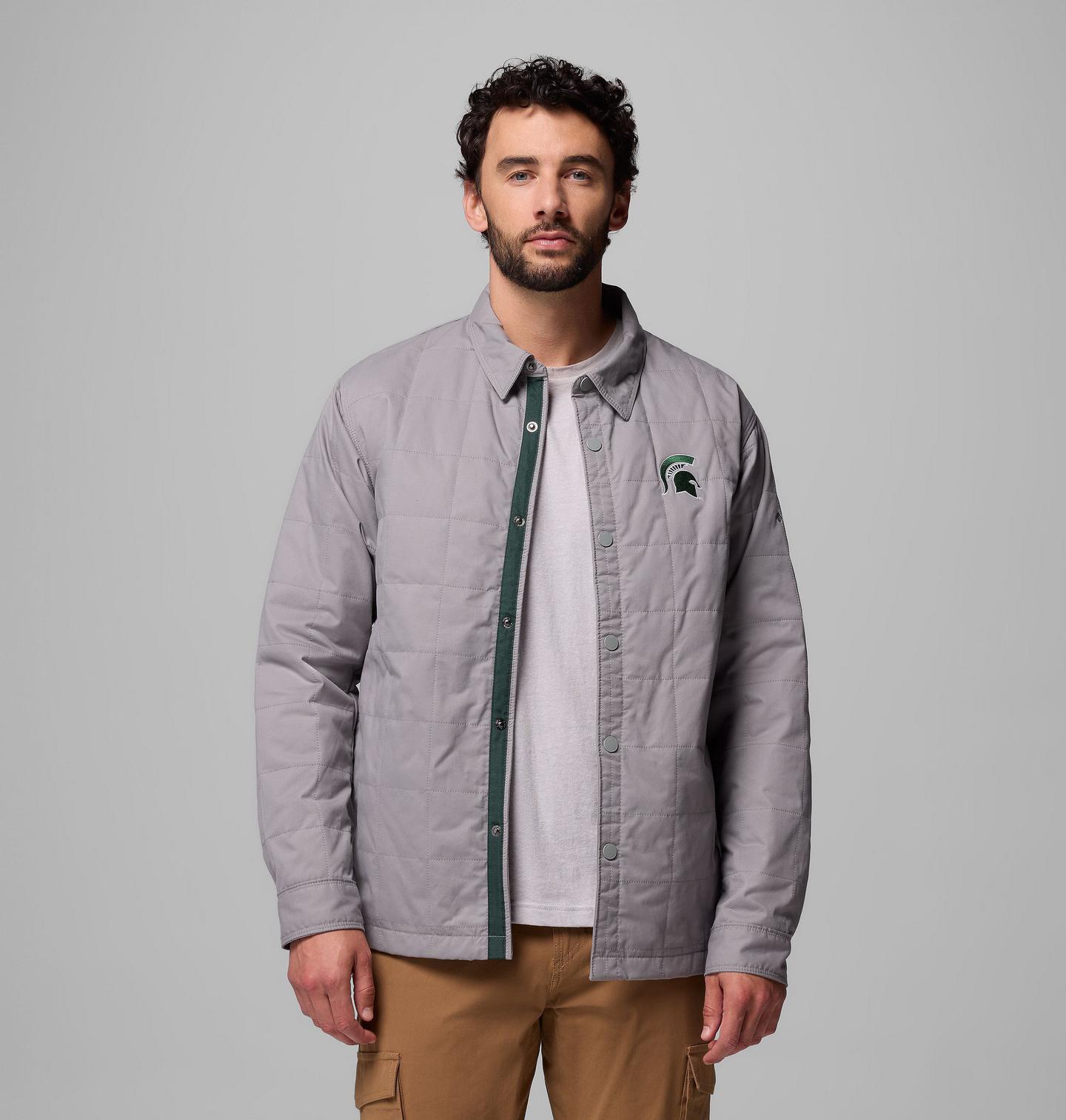 Мужская куртка Columbia Collegiate Campus Roam Quilted Shirt Jacket - Michigan State, цвет: Светлый серый — фото 1