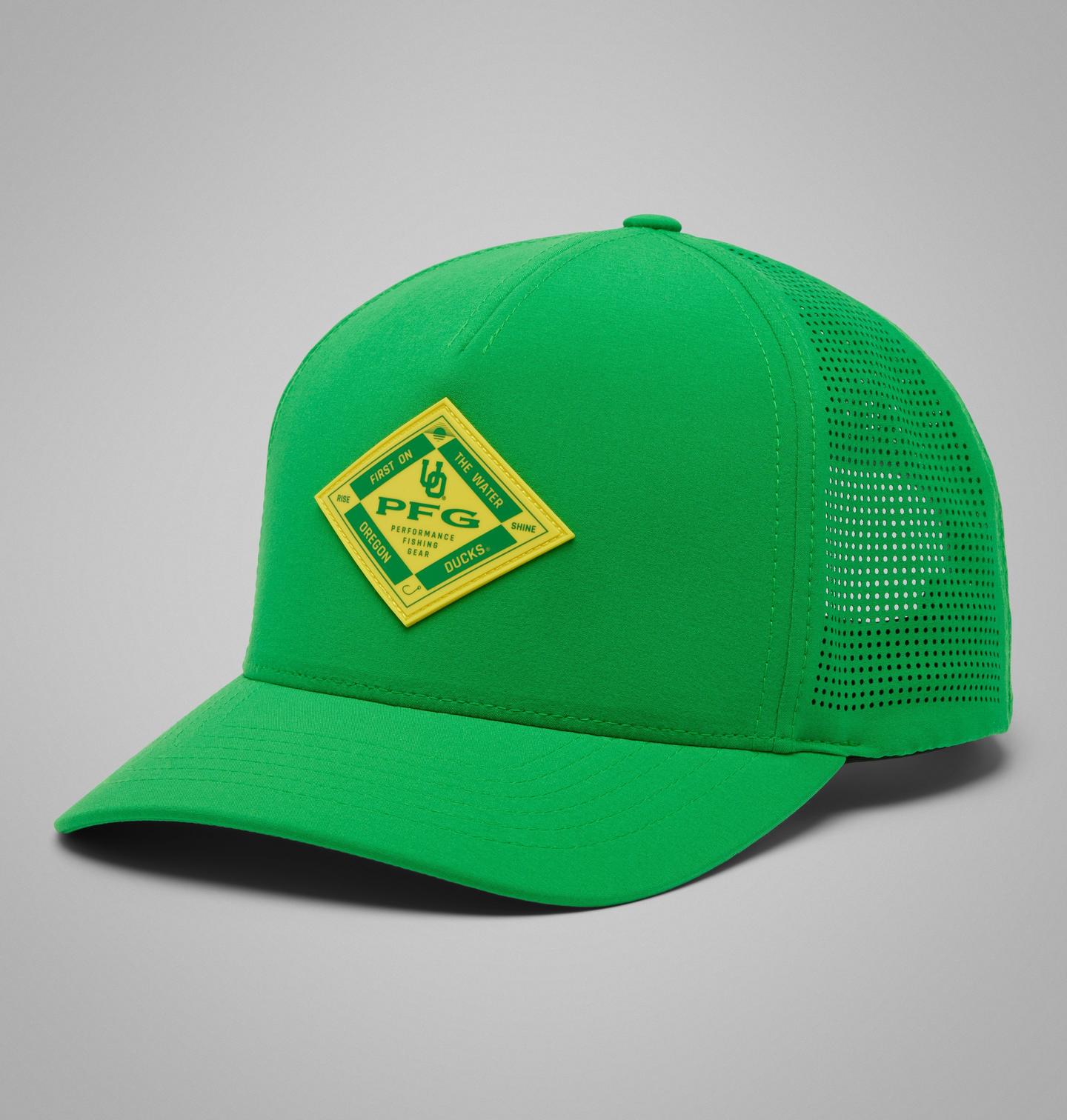 Мужские аксессуары Columbia Collegiate PFG Elite 3D Stretch Snap Back - Oregon, цвет: Зелёный — фото 1
