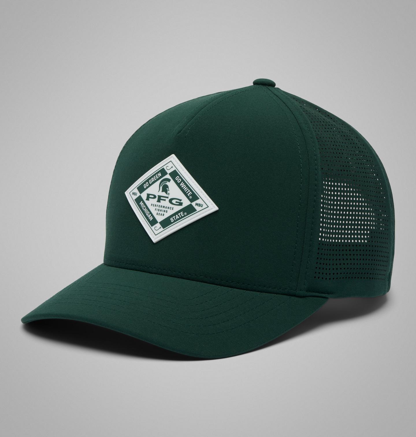 Мужские аксессуары Columbia Collegiate PFG Elite 3D Stretch Snap Back - Michigan State, цвет: Еловый — фото 1