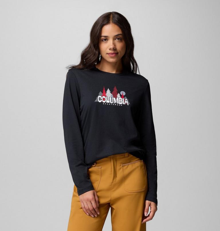 Camiseta de manga larga con estampado Ruby Springs para mujer, Color: Black, Colorful Treescape, image 1
