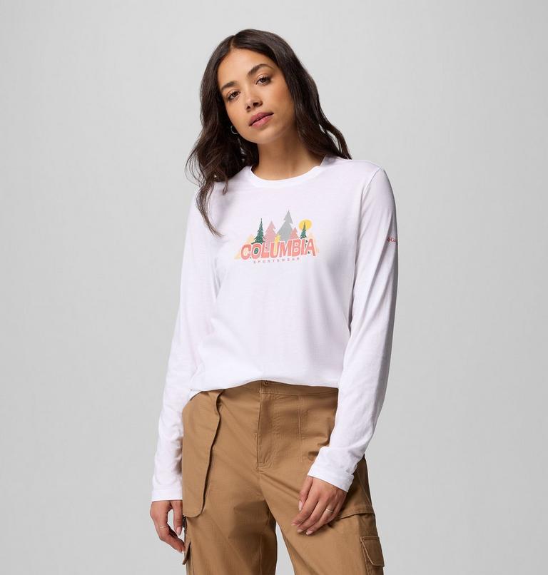 Camiseta de manga larga con estampado Ruby Springs para mujer, Color: White, Colorful Treescape, image 1