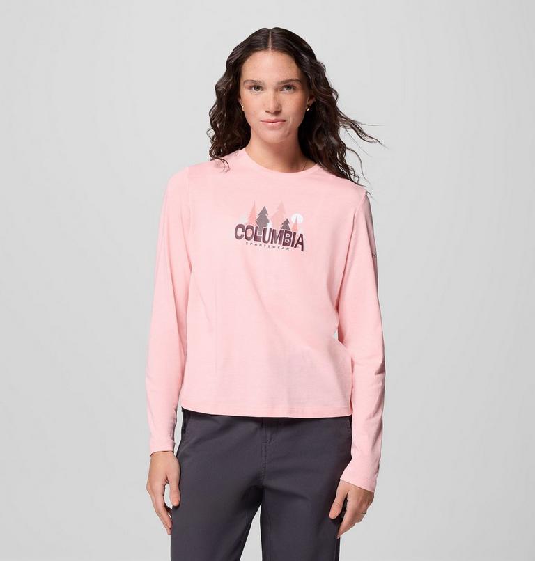 Women's Ruby Springs Graphic Long Sleeve T-Shirt, Color: Pink Sand, Colorful Treescape, image 1