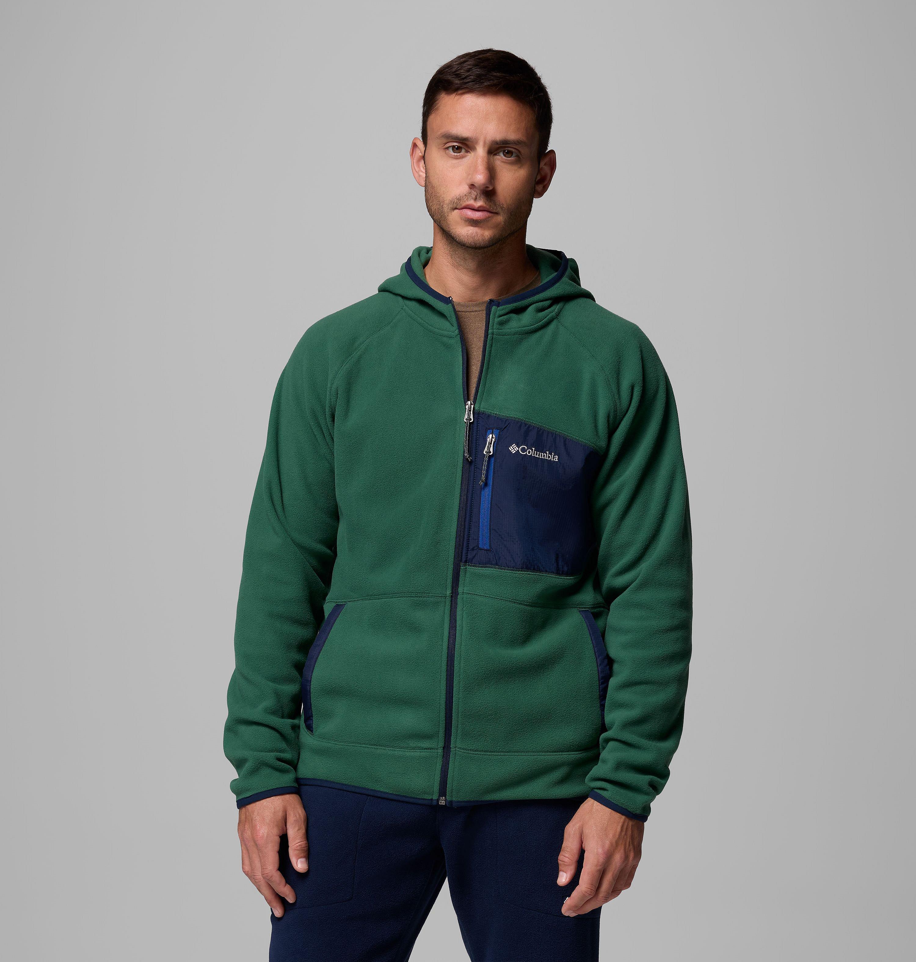 Columbia Sportswear Men's Green Columbia - Fast Trek™ Overlay Hooded Fleece Jacket - Rain Forest, Coll Navy Extra Small