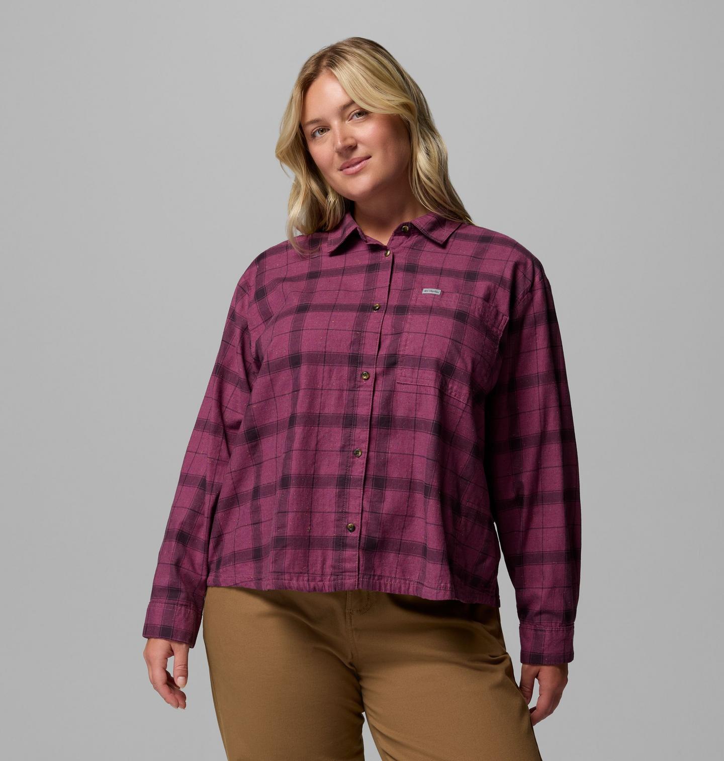 Женская рубашка Columbia Blue Point Creek Woven Long Sleeve Shirt - Plus Size, цвет: Лиловый / В клетку — фото 1