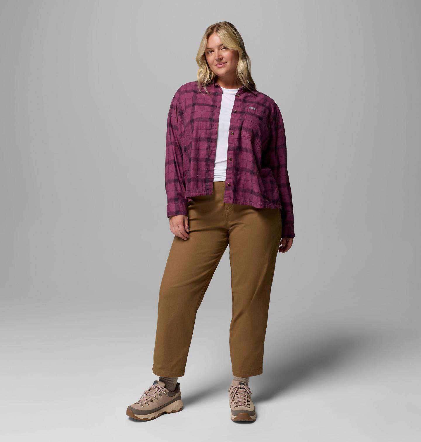 Женская рубашка Columbia Blue Point Creek Woven Long Sleeve Shirt - Plus Size, цвет: Лиловый / В клетку — фото 2