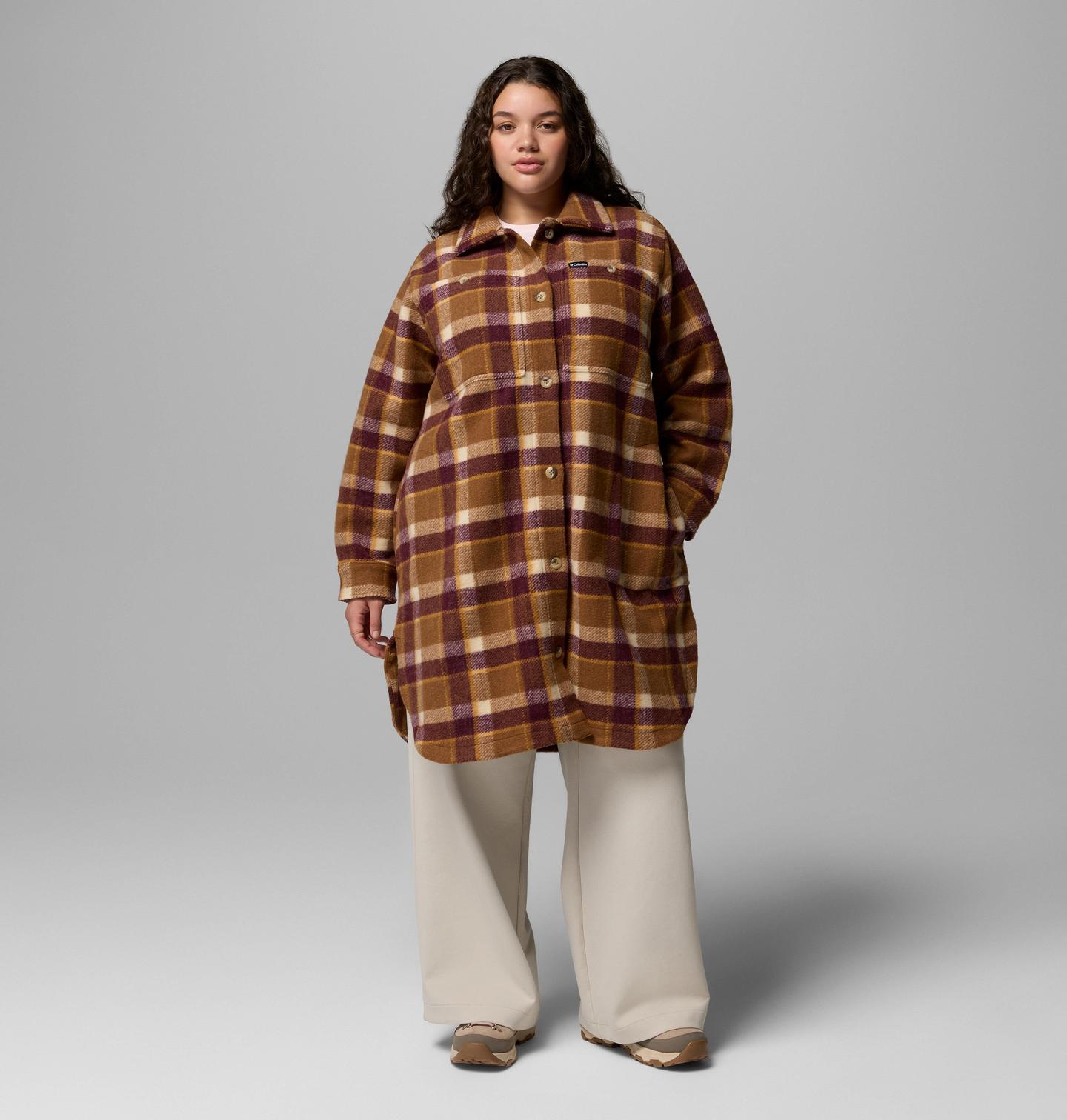 Женское пальто Columbia Wildest Venture Long Fleece Coat - Plus Size, цвет: Коричневый / В клетку — фото 1