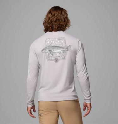 Men's PFG Uncharted Graphic Long Sleeve T-Shirt, Color: Cool Grey Heather, Redfish Swamplands, image 1