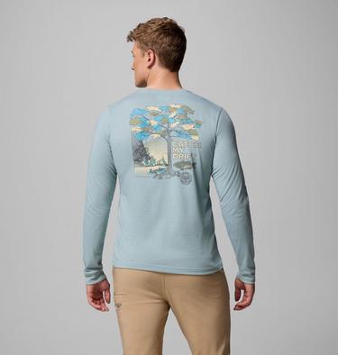 Men's PFG Uncharted Graphic Long Sleeve T-Shirt, Color: Crushed Blue Heather, Guadalupe Drift, image 3