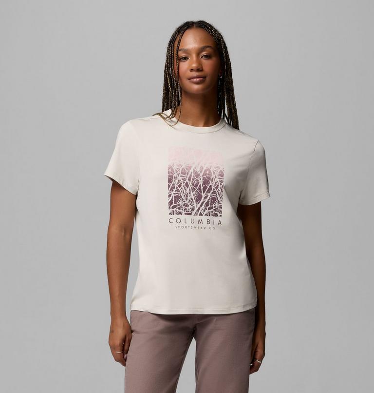 Women's Parsons Point Technical Graphic T-Shirt, Color: Dark Stone Heather, Treescape, image 1