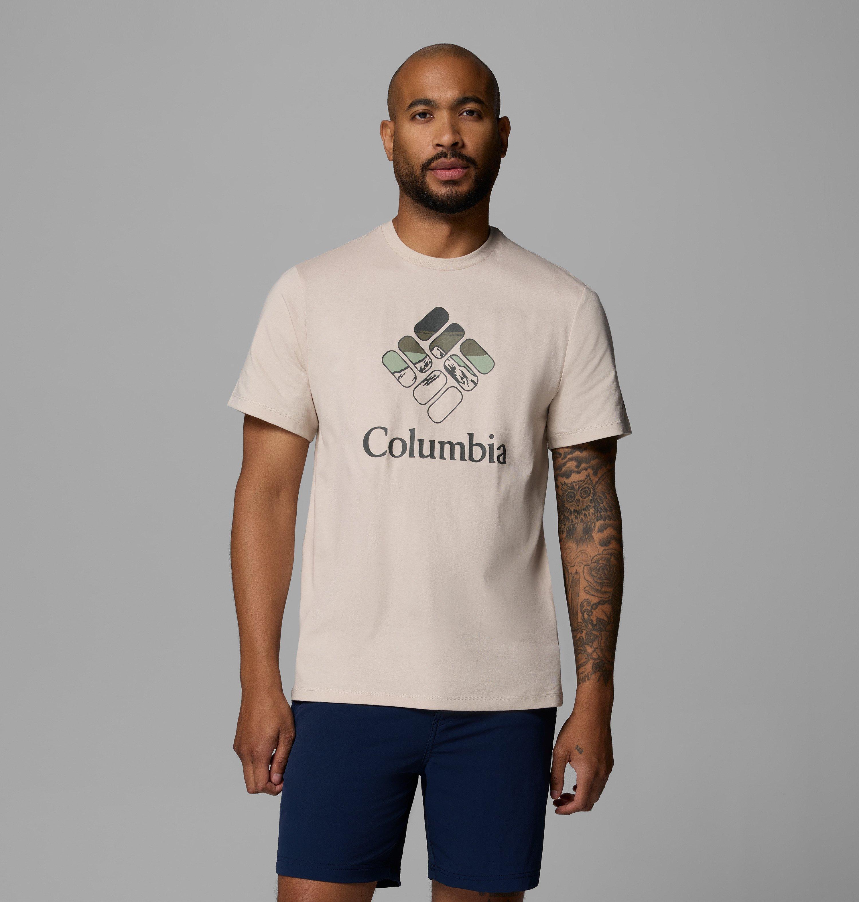 Columbia Sportswear Men's Brown Columbia - Organic Cotton Graphic T-Shirt - Dark Stone, Heavenly Stacked Gem Large