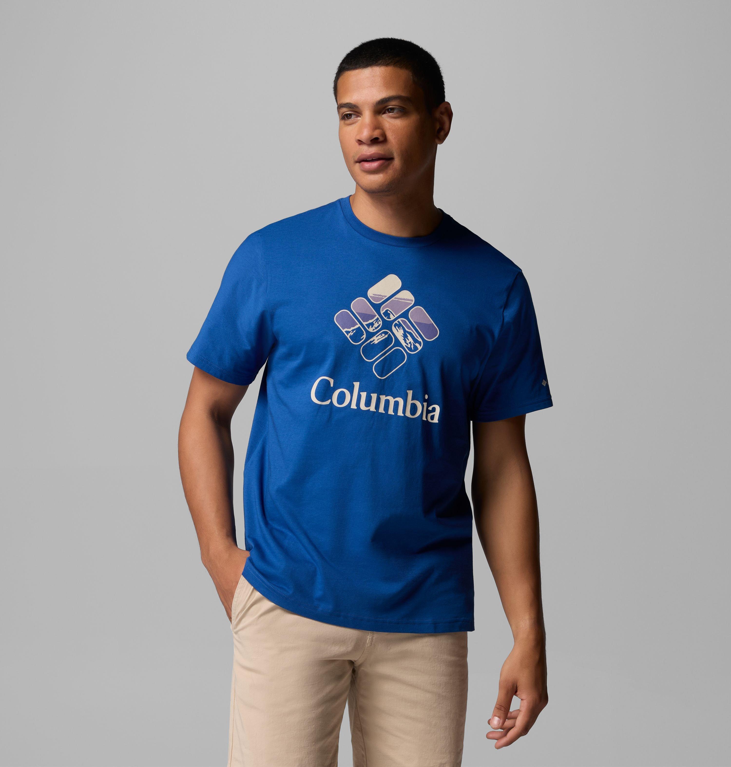 Columbia Sportswear Men's Blue Columbia - Organic Cotton Graphic T-Shirt - Mountain Heavenly Stacked Gem Extra Large