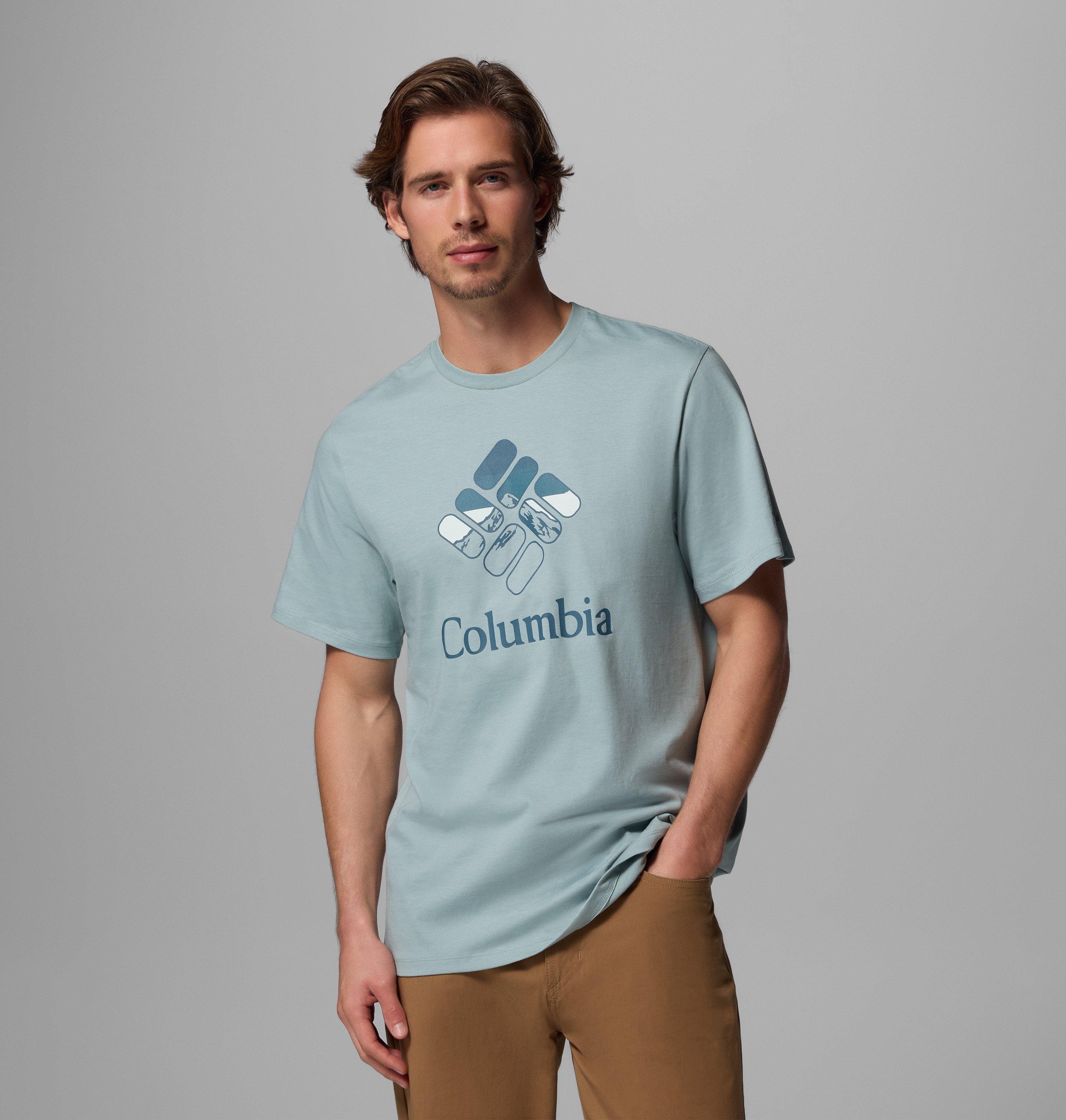 Columbia Sportswear Men's Blue Columbia - Organic Cotton Graphic T-Shirt - Crushed Heavenly Stacked Gem Extra Small