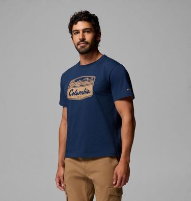 Men's Organic Cotton Graphic T-Shirt, Color: Collegiate Navy, Hex Woodblock Badge, image 20