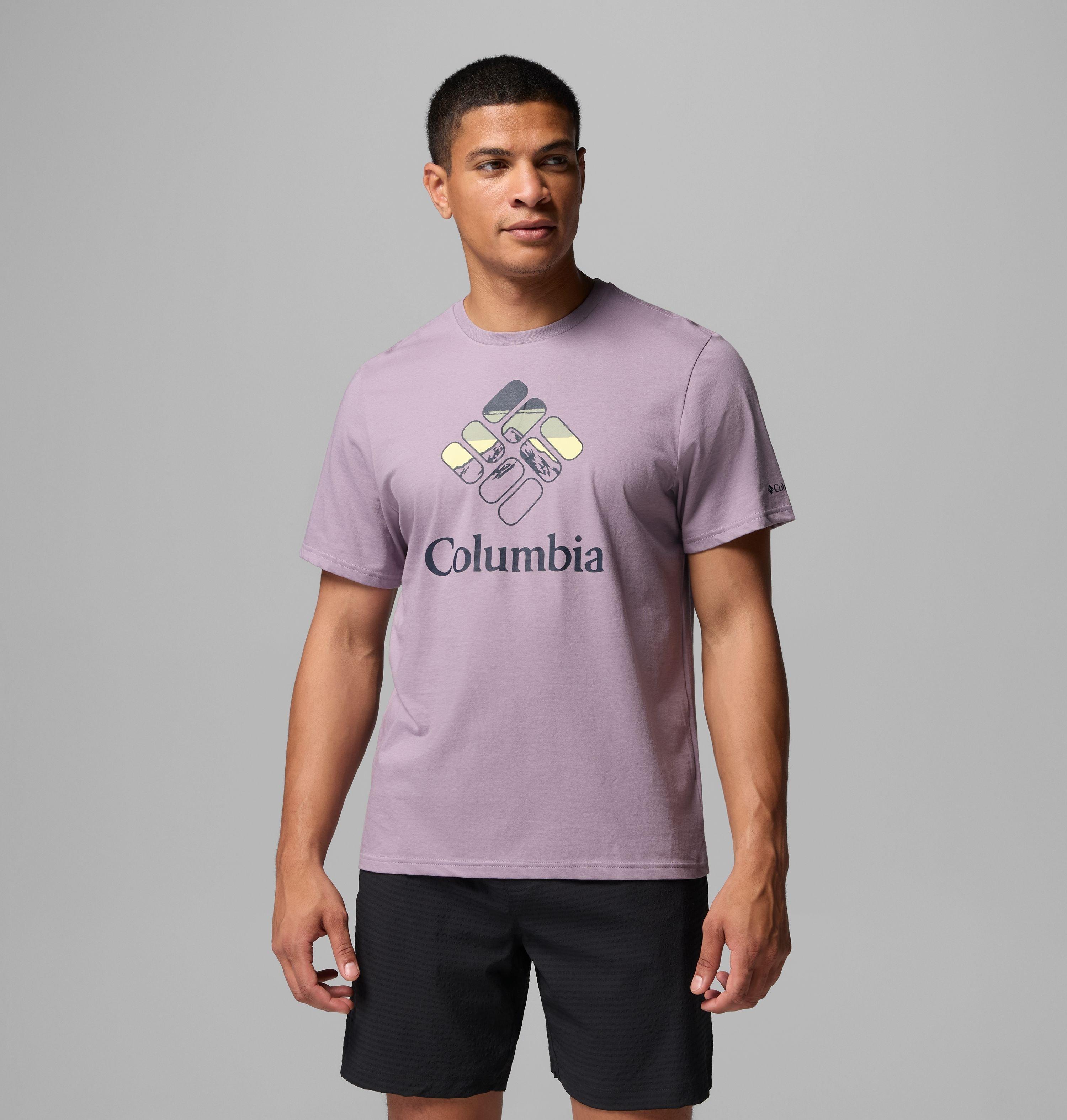 Columbia Sportswear Men's Purple Columbia - Organic Cotton Graphic T-Shirt - Shale Heavenly Stacked Gem Extra Small