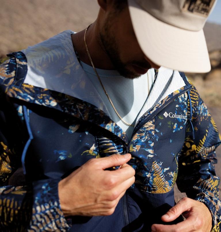 Men's Spire Valley Novelty Hooded Windbreaker, Color: Mountain Blue Geofern, Collegiate Navy, image 9