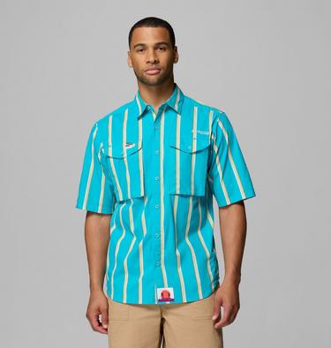 Men's Bonefish Flats Printed Short Sleeve Shirt, Color: Ocean Teal Bonefish Flats Stripe, image 1