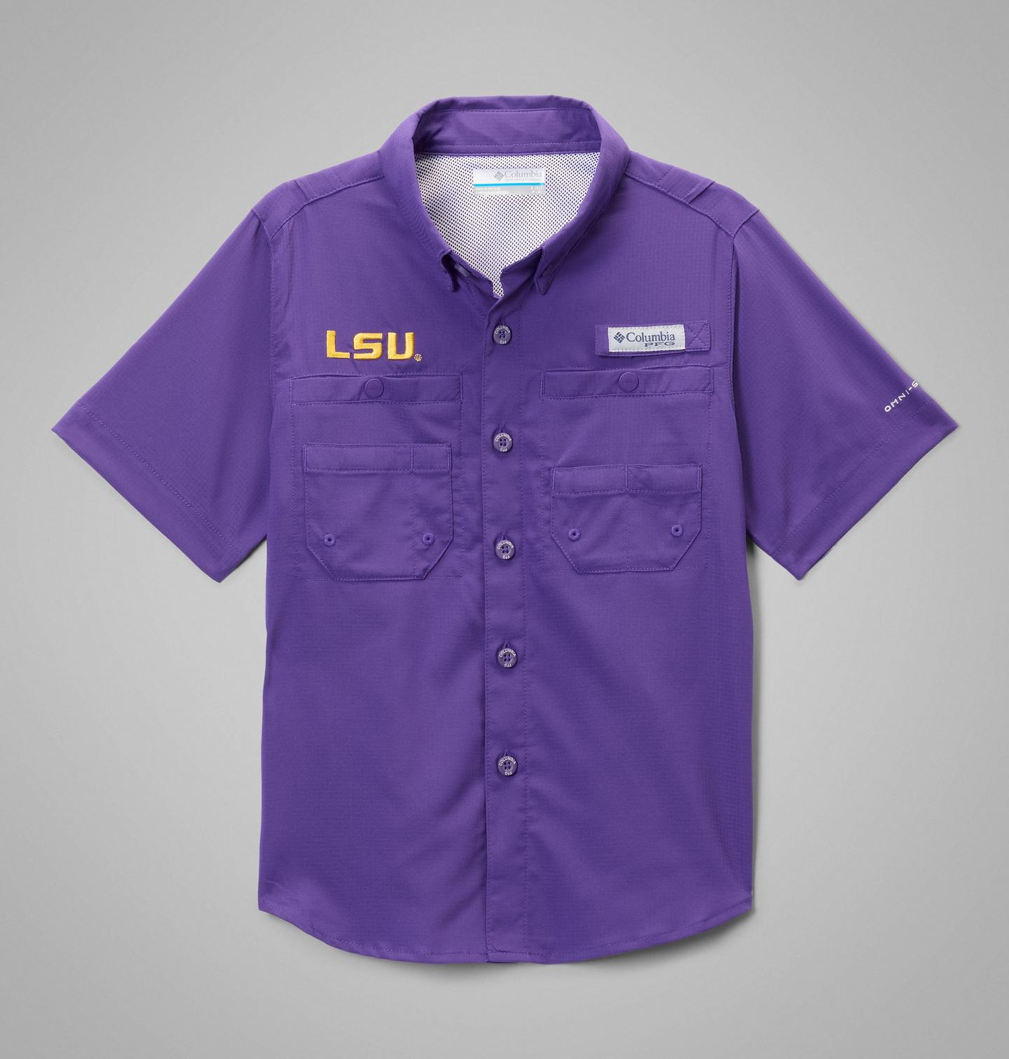 Детская рубашка Columbia Collegiate PFG Tamiami Short Sleeve Shirt - LSU, цвет: Яркий фиолетовый — фото 1