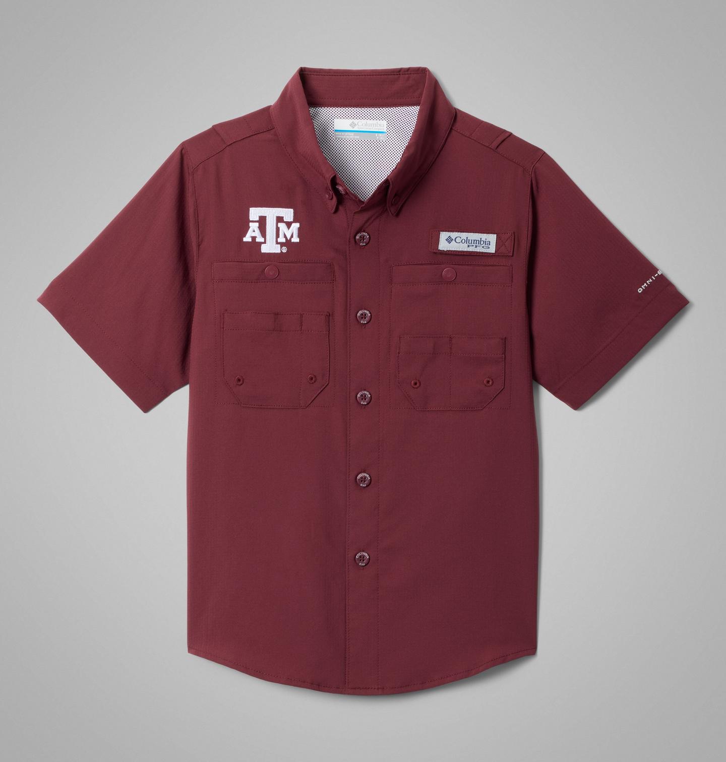 Детская рубашка Columbia Collegiate PFG Tamiami Short Sleeve - Texas A&M, цвет: Глубокий тёмно-бордовый — фото 1