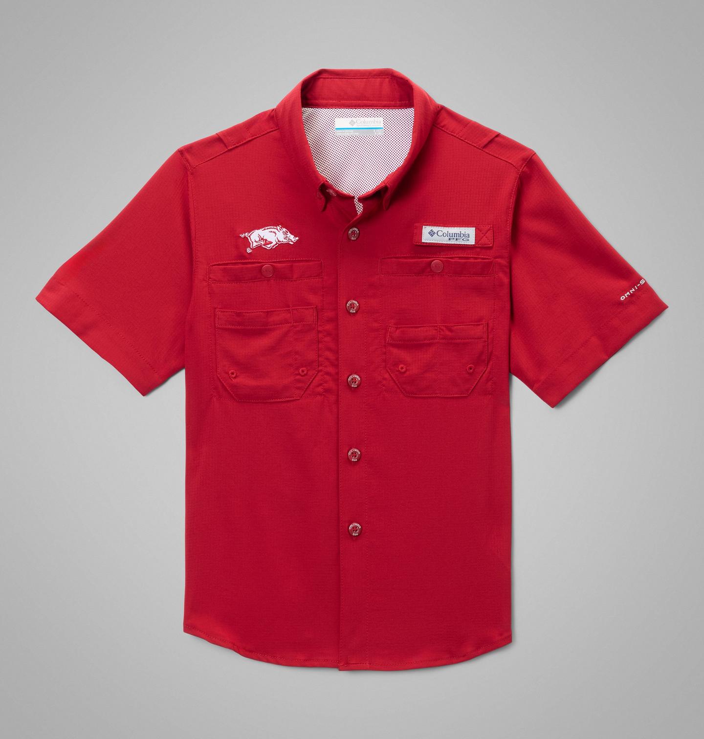 Детская рубашка Columbia Collegiate PFG Tamiami Short Sleeve Shirt - Arkansas, цвет: Красный бархатный — фото 1