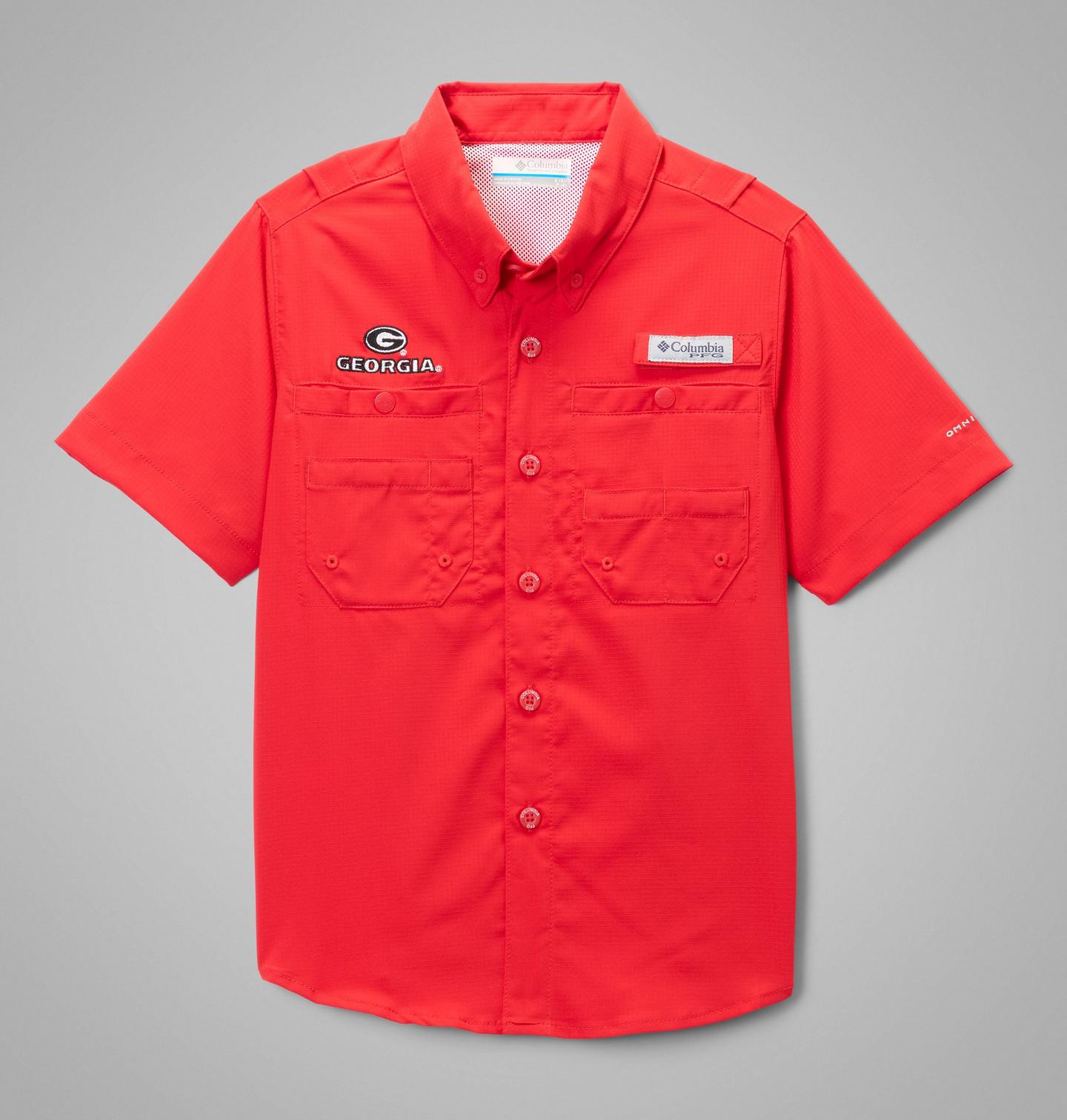 Детская рубашка Columbia Collegiate PFG Tamiami Short Sleeve Shirt - Georgia, цвет: Яркий красный — фото 1