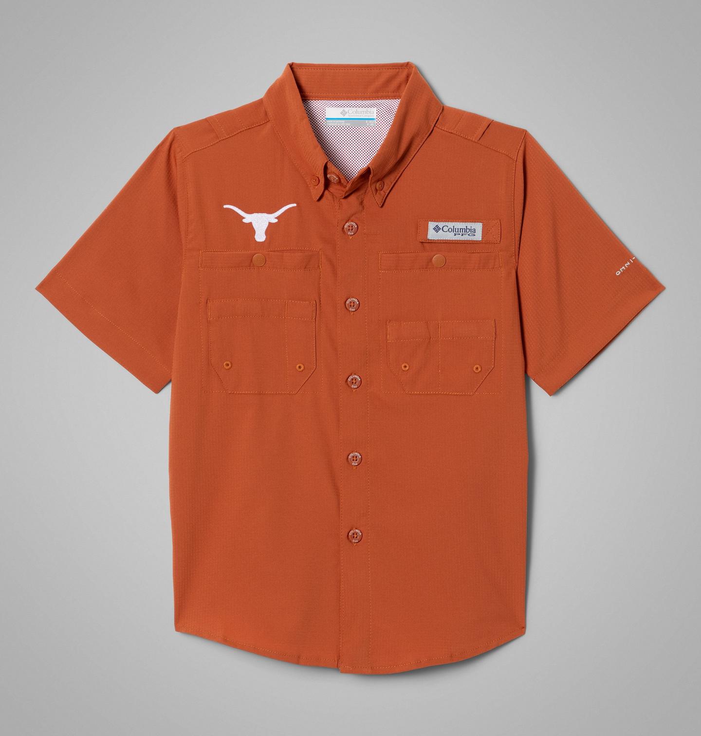 Детская рубашка Columbia Collegiate PFG Tamiami Short Sleeve Shirt - Texas, цвет: Кедровый — фото 1