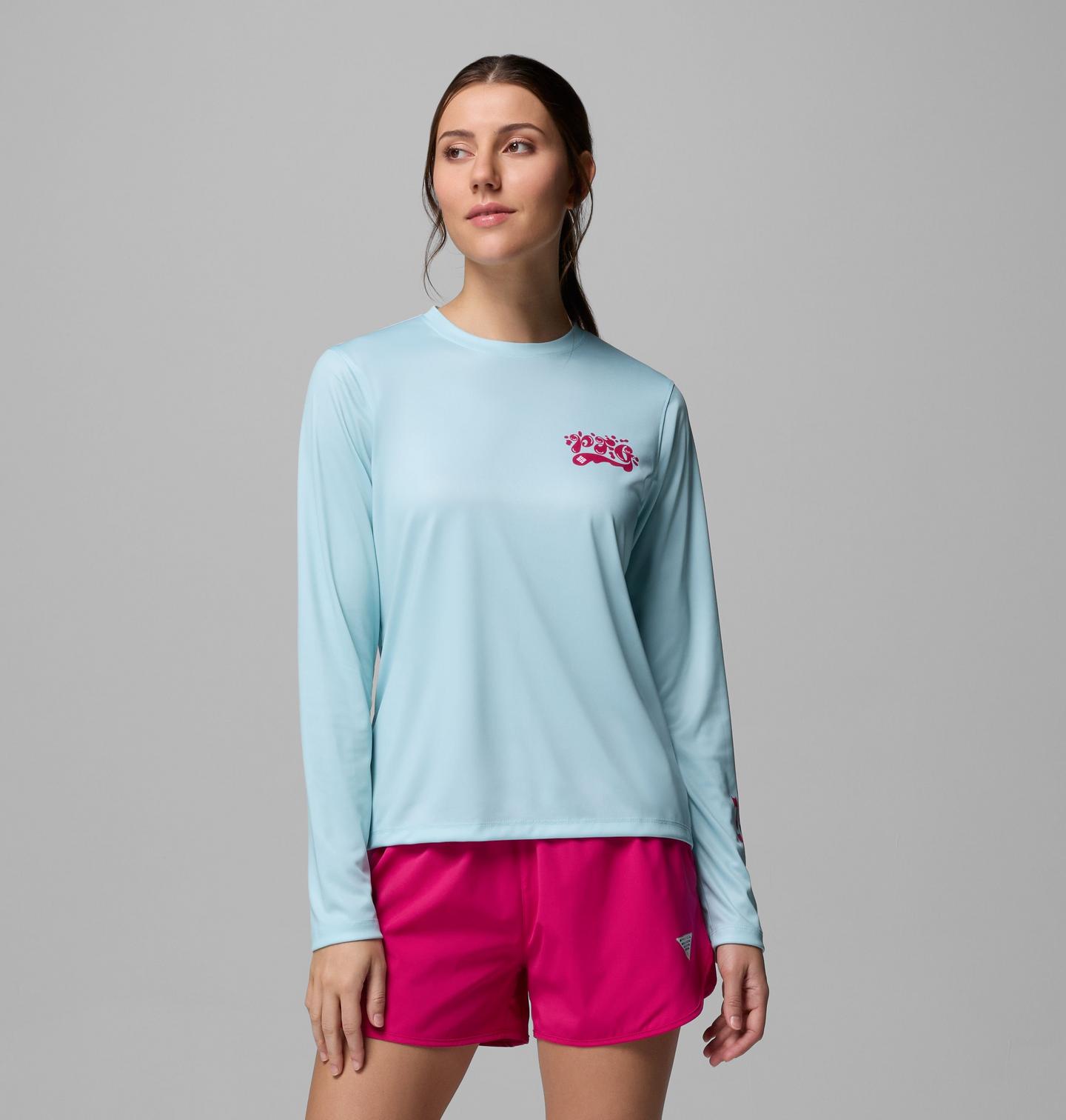 Женская футболка Columbia PFG Tidal Tee Palm Waves Long Sleeve, цвет: Тёмно-синий / Розовый — фото 1