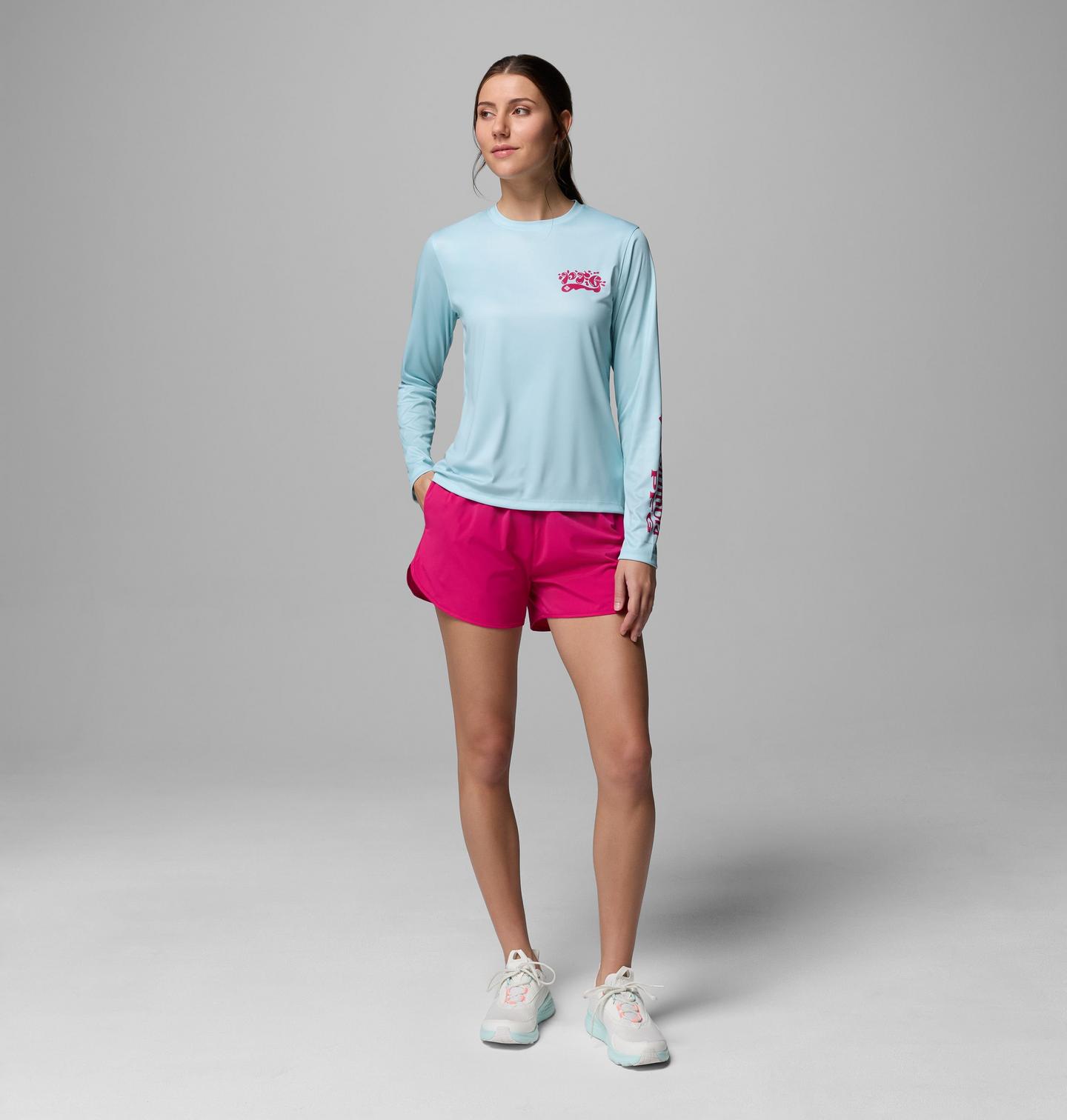 Женская футболка Columbia PFG Tidal Tee Palm Waves Long Sleeve, цвет: Тёмно-синий / Розовый — фото 2