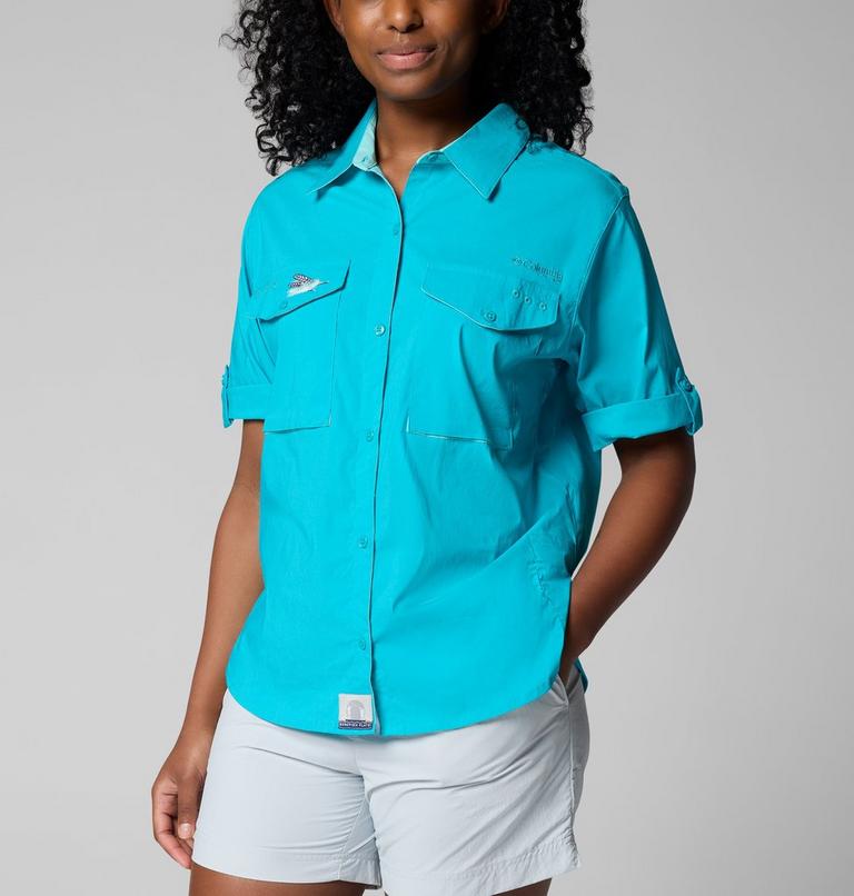 Women's Bonefish Flats Short Sleeve Shirt, Color: Ocean Teal, Gulf Stream, image 3