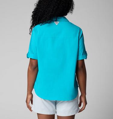 Women's Bonefish Flats Short Sleeve Shirt, Color: Ocean Teal, Gulf Stream, image 2
