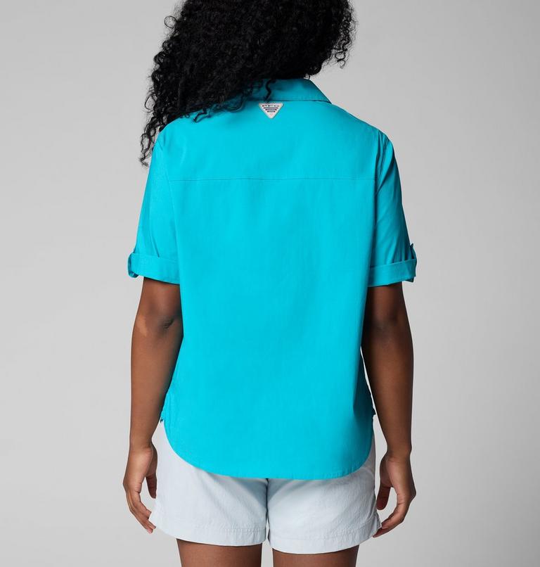 Women's Bonefish Flats Short Sleeve Shirt, Color: Ocean Teal, Gulf Stream, image 2