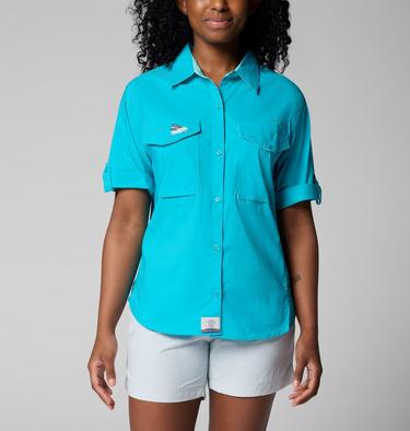 Women's Bonefish Flats Short Sleeve Shirt, Color: Ocean Teal, Gulf Stream, image 1