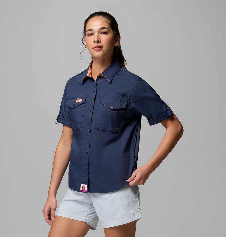 Women's Bonefish Flats Short Sleeve Shirt, Color: Nocturnal, Bright Nectar, image 4