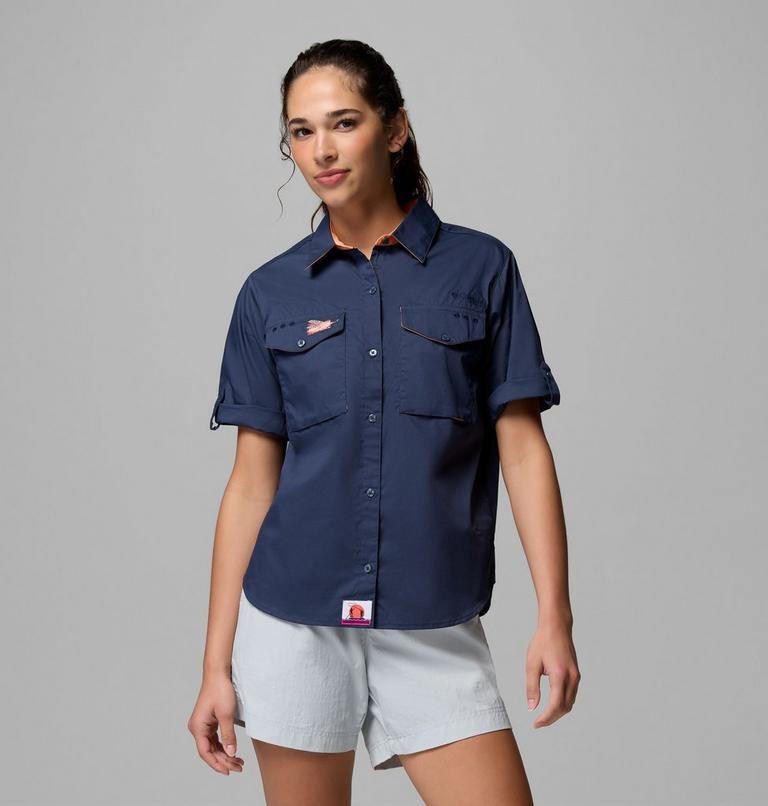 Women's Bonefish Flats Short Sleeve Shirt, Color: Nocturnal, Bright Nectar, image 1