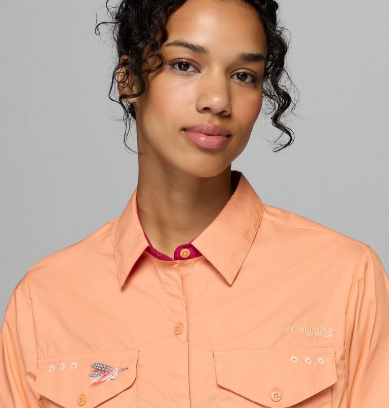 Women's Bonefish Flats Short Sleeve Shirt, Color: Bright Nectar, Guava Pink, image 5