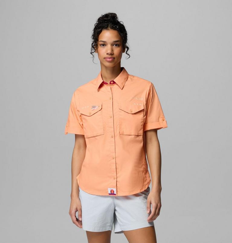 Women's Bonefish Flats Short Sleeve Shirt, Color: Bright Nectar, Guava Pink, image 1