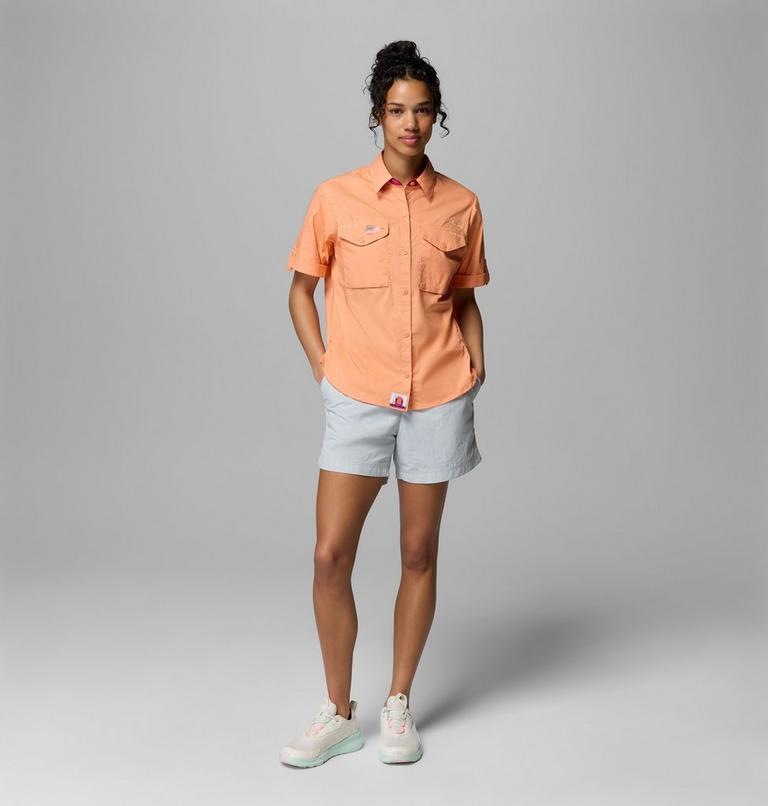 Women's Bonefish Flats Short Sleeve Shirt, Color: Bright Nectar, Guava Pink, image 2
