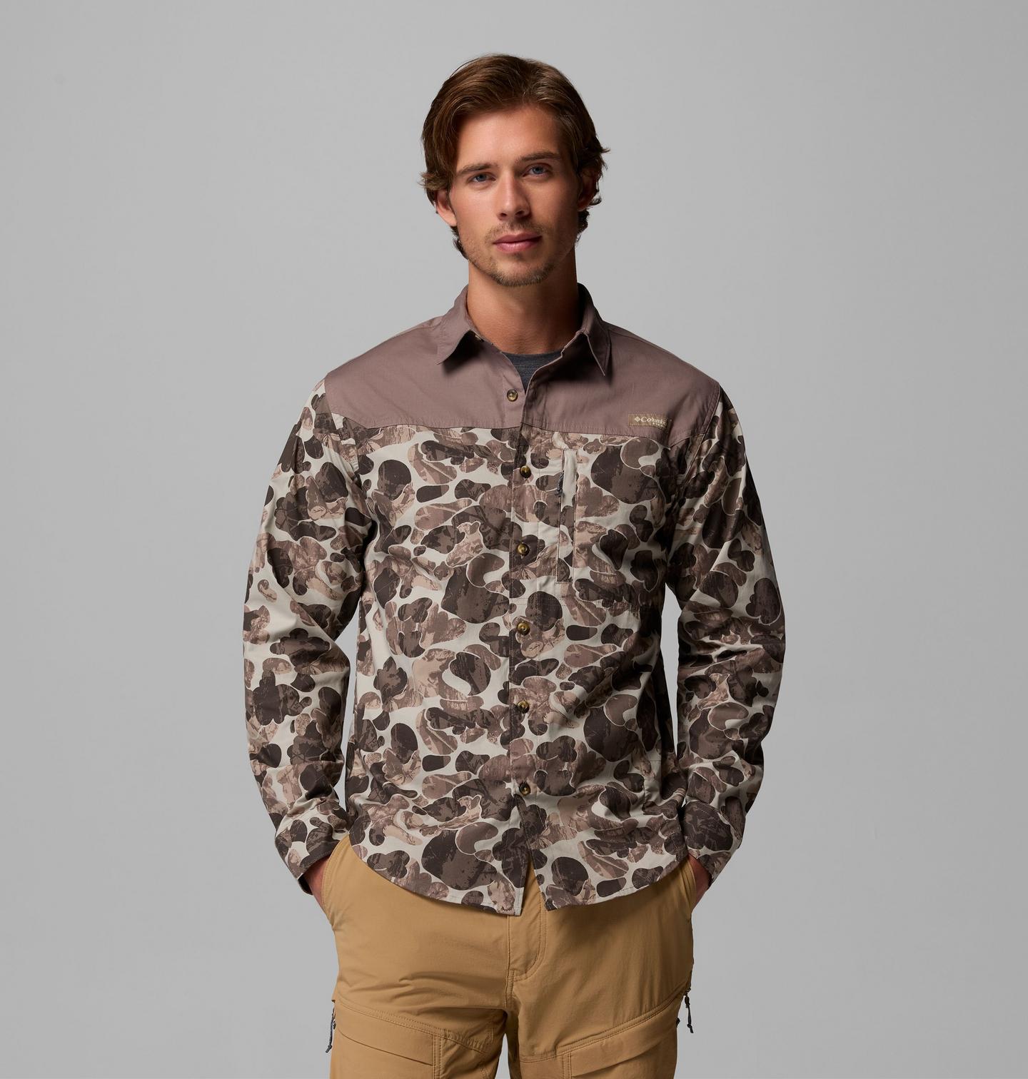 Мужская рубашка Columbia PHG Sharptail Long Sleeve Camo, цвет: Серый — фото 1