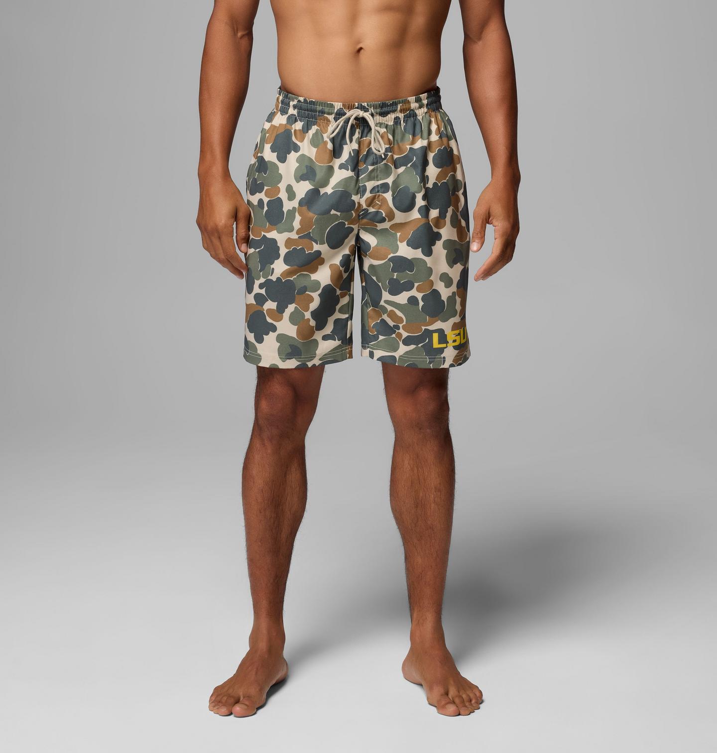 Мужские шорты Columbia Collegiate PFG Rambler Printed Shorts - LSU, цвет: Камуфляжный — фото 1