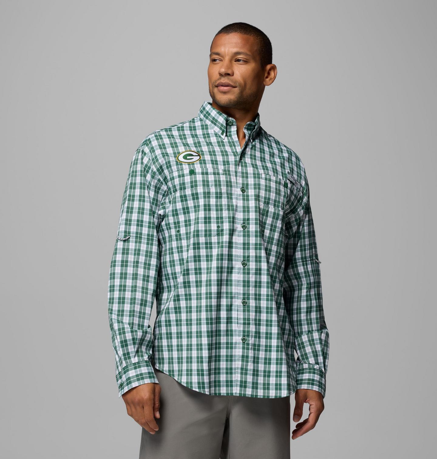 Мужская рубашка Columbia PFG Super Tamiami Long Sleeve Shirt - Green Bay Packers, цвет: Тёмно-зелёный — фото 1