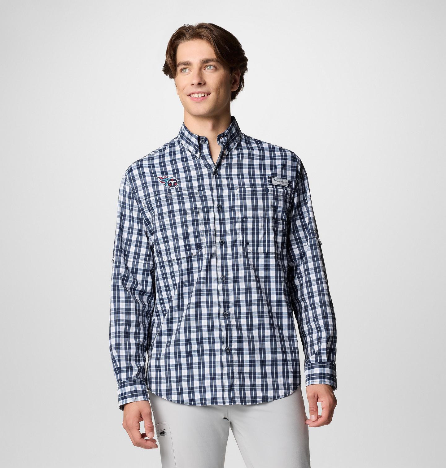 Мужская рубашка Columbia PFG Super Tamiami Long Sleeve Shirt - Tennessee Titans, цвет: Тёмно-синий — фото 1