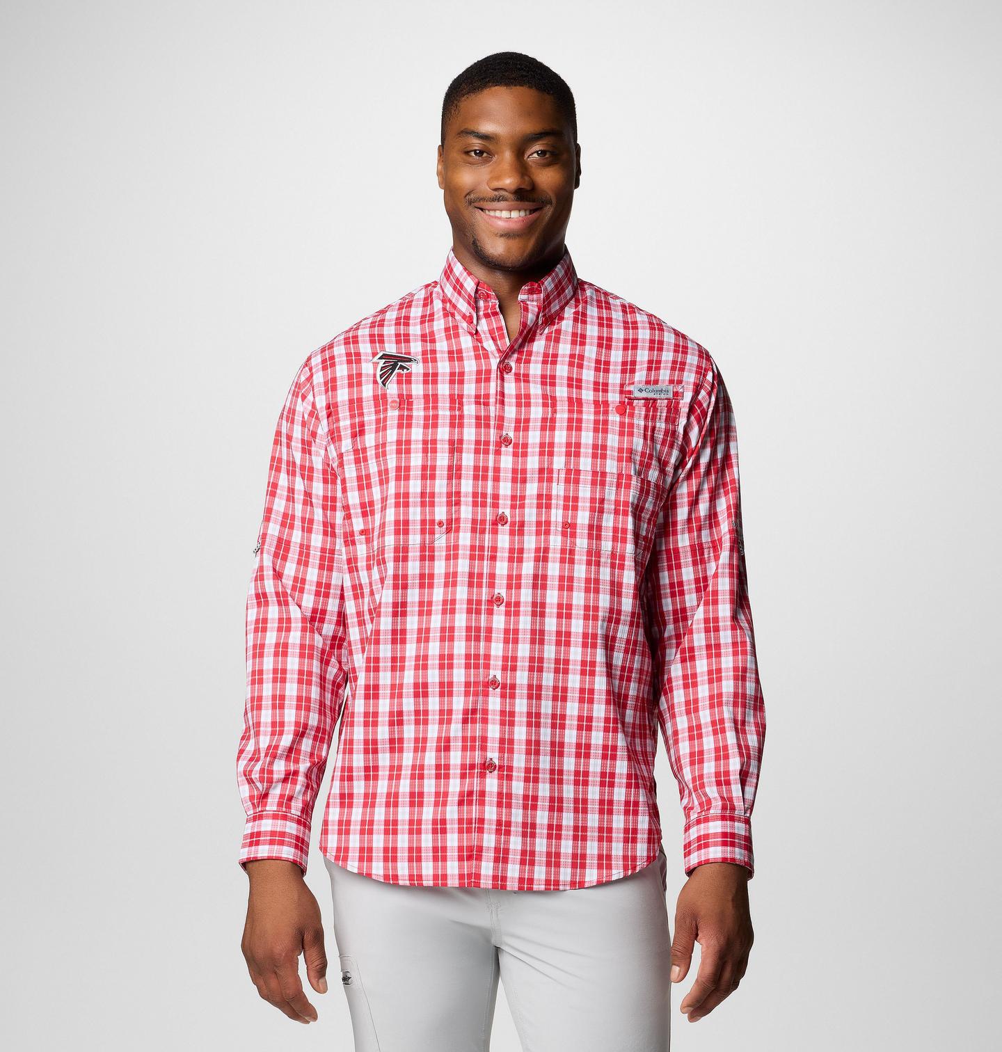 Мужская рубашка Columbia PFG Super Tamiami Long Sleeve Shirt - Atlanta Falcons, цвет: Красный — фото 1