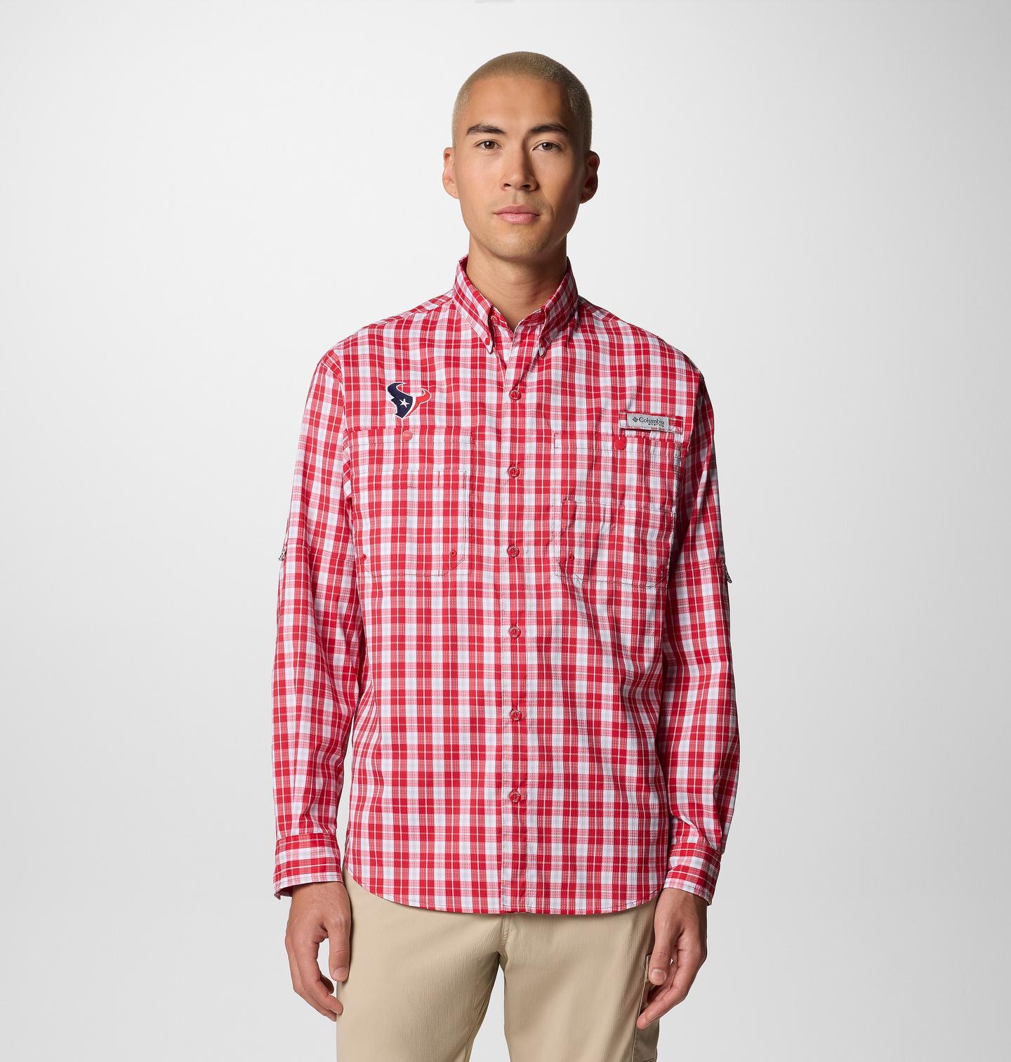 Мужская рубашка Columbia PFG Super Tamiami Long Sleeve Shirt - Houston Texans, цвет: Красный — фото 1