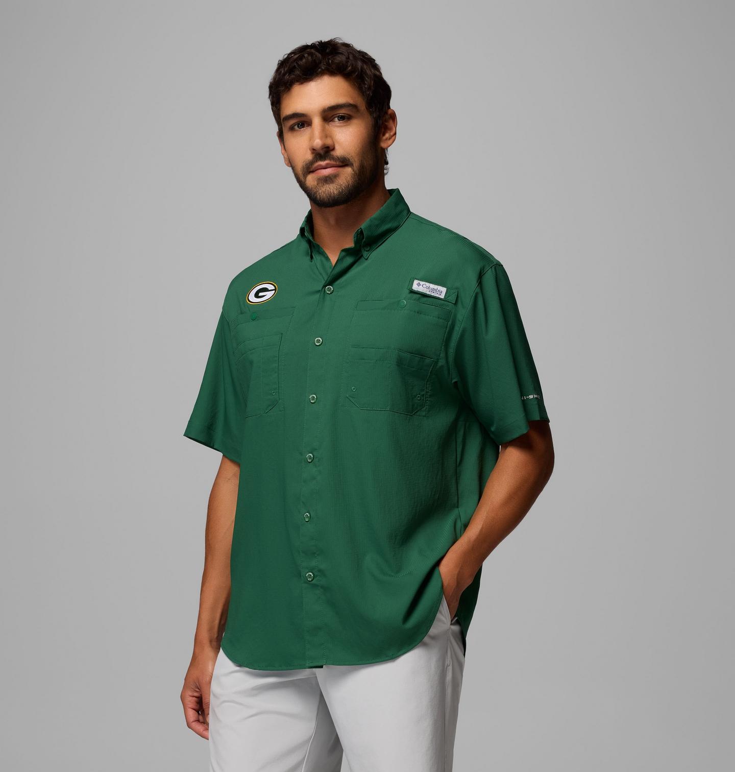 Мужская рубашка Columbia PFG Tamiami Short Sleeve Shirt - Green Bay Packers, цвет: Тёмно-зелёный — фото 3