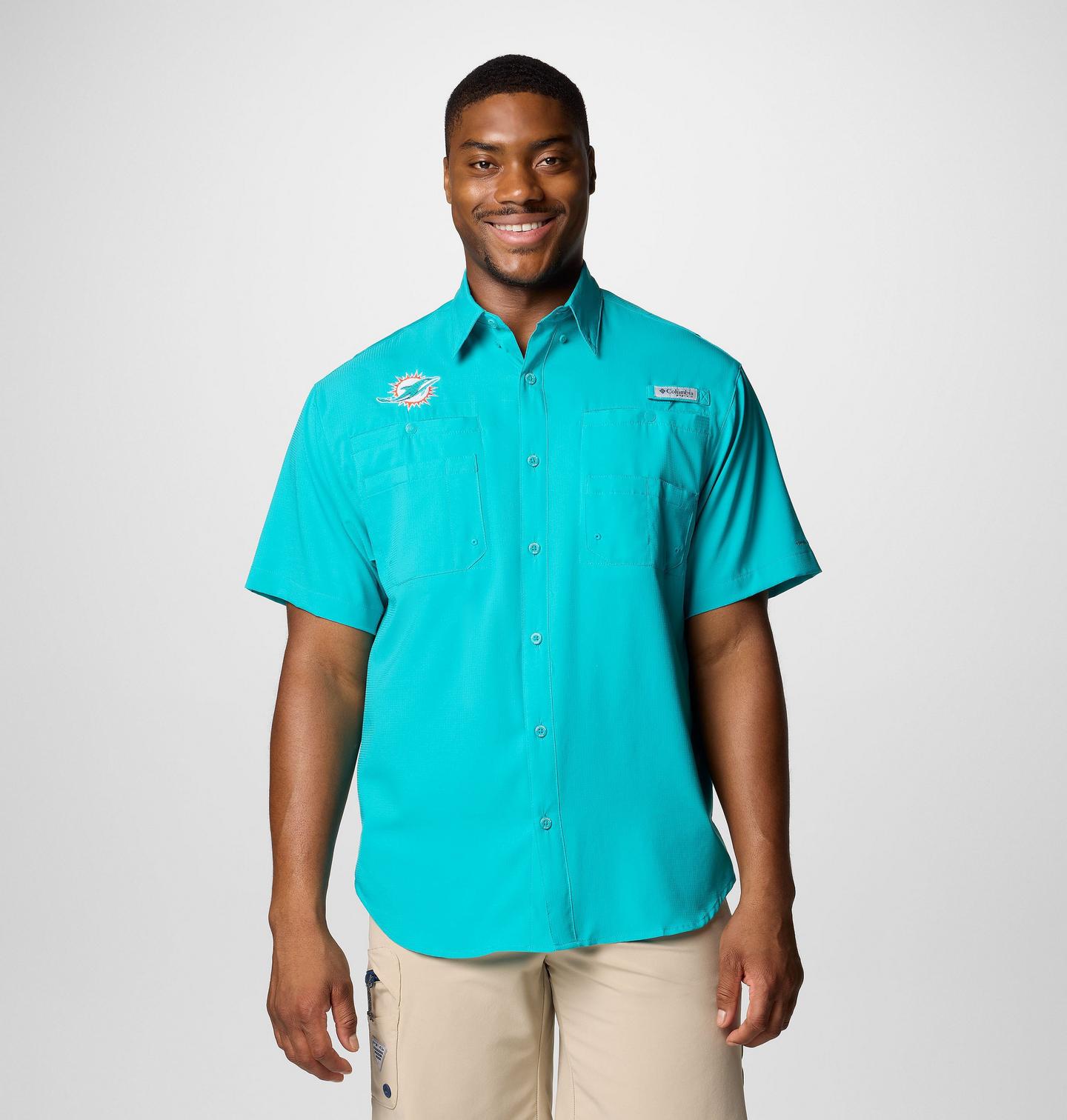 Мужская рубашка Columbia PFG Tamiami Short Sleeve Shirt - Miami Dolphins, цвет: Аквамариновый — фото 1