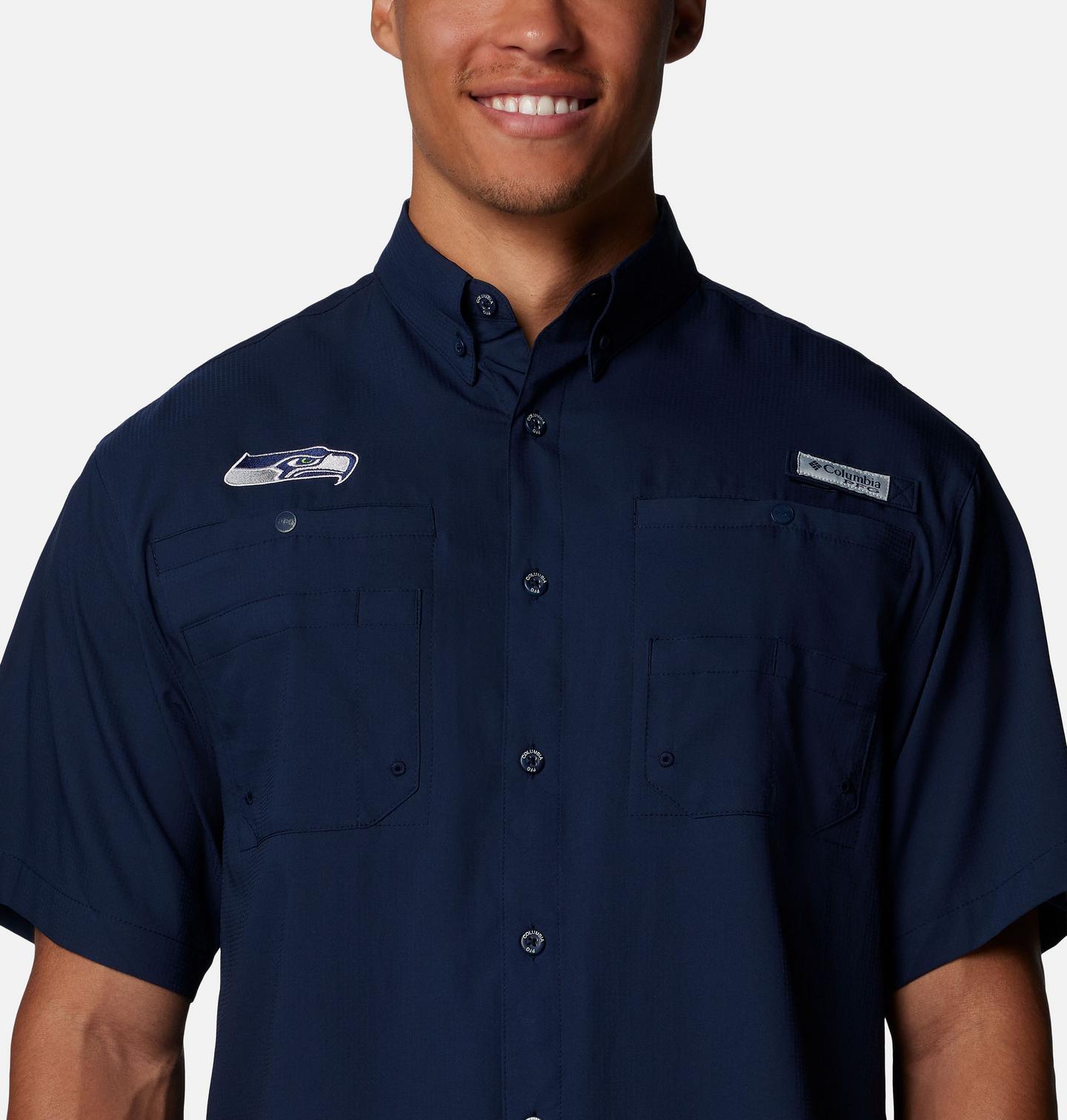 Мужская рубашка Columbia PFG Tamiami Short Sleeve Shirt - Seattle Seahawks, цвет: Тёмно-синий — фото 4