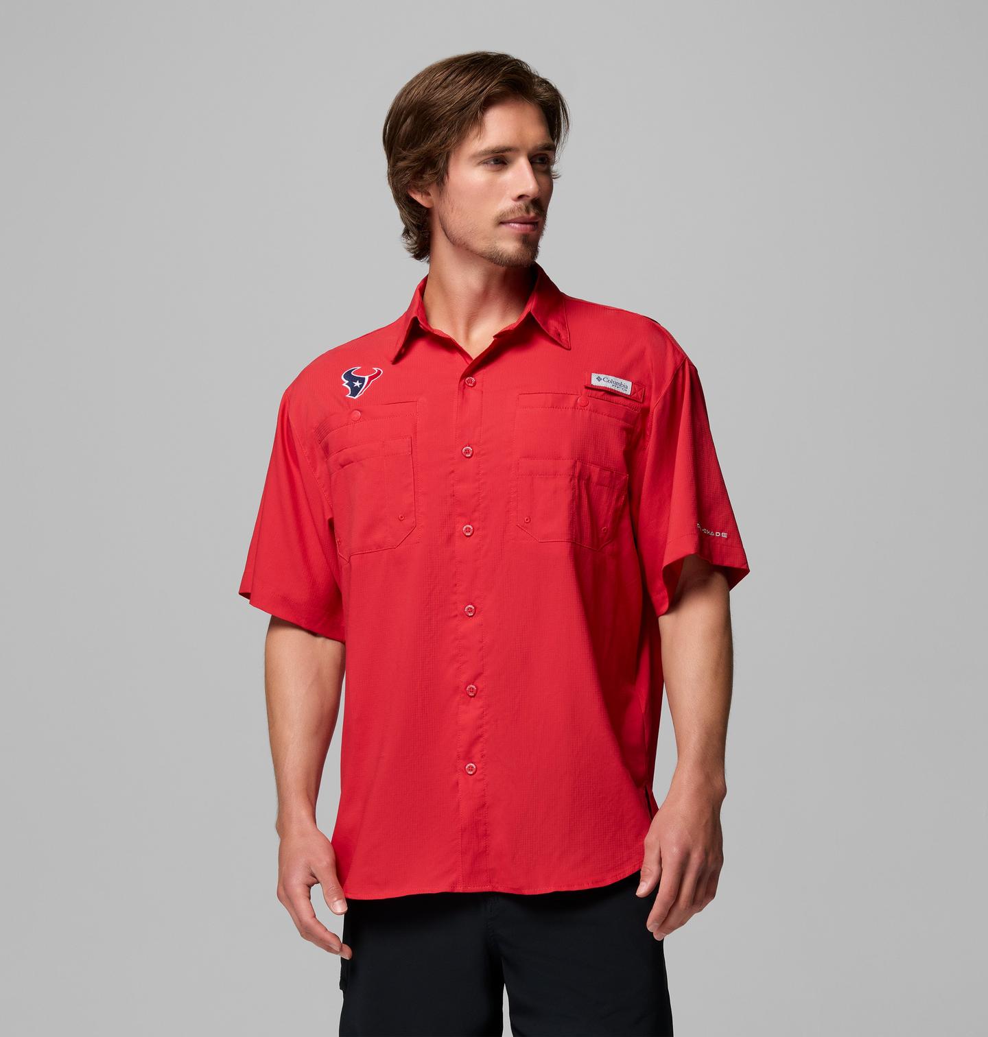 Мужская рубашка Columbia PFG Tamiami Short Sleeve Shirt - Houston Texans, цвет: Красный — фото 1