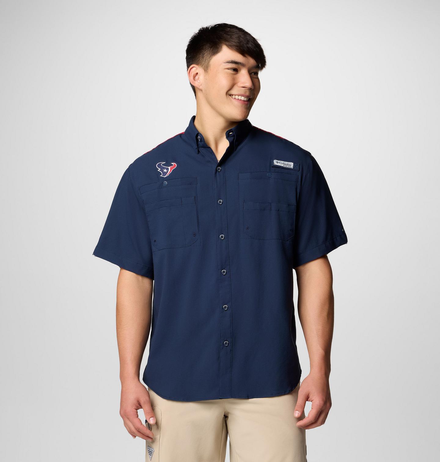Мужская рубашка Columbia PFG Tamiami Colorblocked Short Sleeve Shirt - Houston Texans, цвет: Тёмно-синий / Красный — фото 1