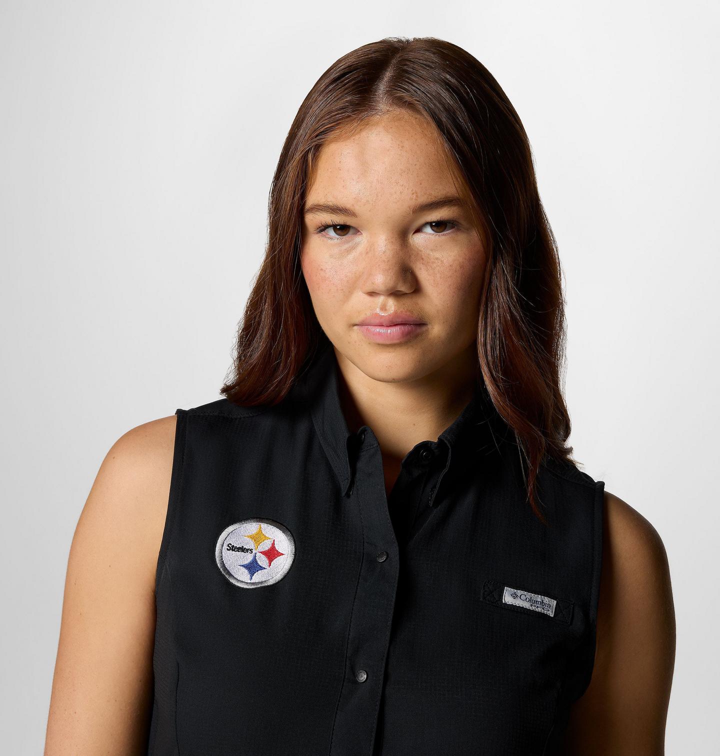 Женская рубашка Columbia PFG Tamiami Sleeveless Shirt - Pittsburgh Steelers, цвет: Чёрный — фото 3