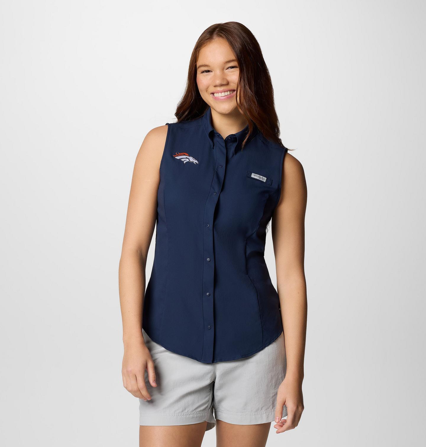 Женская рубашка Columbia PFG Tamiami Sleeveless Shirt - Denver Broncos, цвет: Тёмно-синий — фото 1